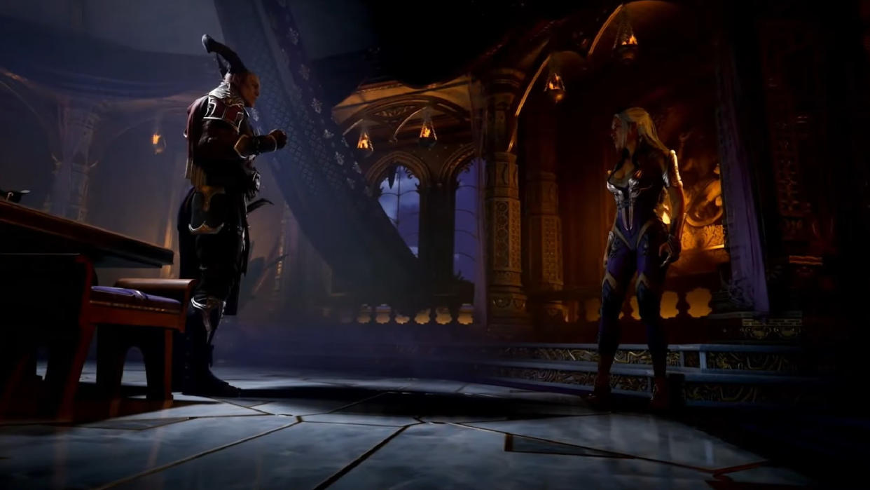  Two characters facing off in Mortal Kombat 1 