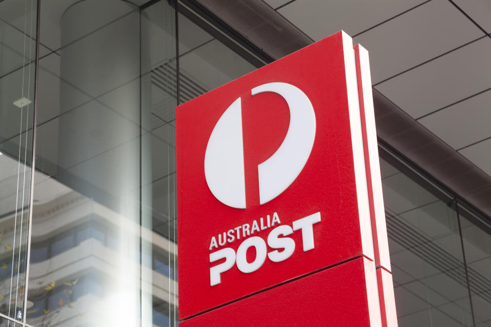 Melbourne, Australia - Auguest 28, 2015: Sign of Australia Post outside its office in Bourke Street, Melbourne