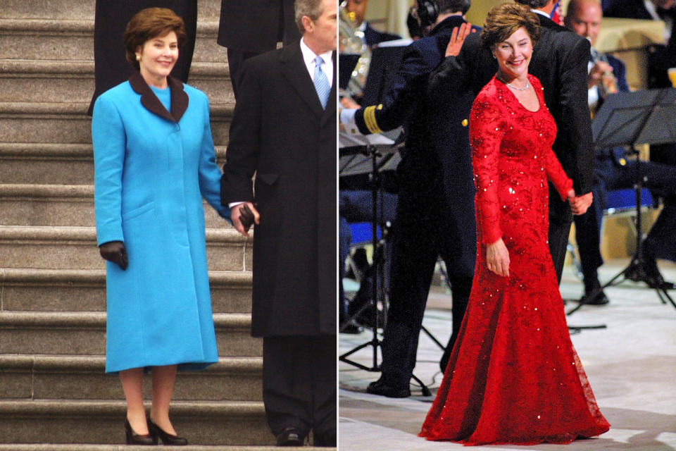 <p>In her first outing as first lady, Bush wore a blue suit by Texas designer Michael Faircloth. In the evening, she went a bit bolder in a red Chantilly lace gown, also by Faircloth. </p>