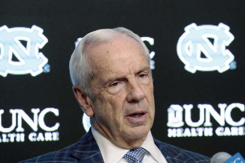 FILE - North Carolina head coach Roy Williams talks to the media in the post-game press conference after an NCAA college basketball game against Virginia at the Dean Smith Center in Chapel Hill, N.C., in this Saturday, Feb. 15, 2020, file photo. North Carolina announced Thursday, April 1, 2021, that Hall of Fame basketball coach Roy Williams is retiring after a 33-year career that includes three national championships. (AP Photo/Chris Seward, File)