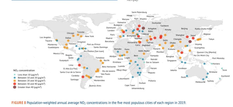 Global hotspots of nitrogen dioxide pollution (Screengrab/State Of Global Air Report)