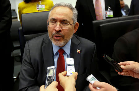 FILE PHOTO: Venezuela's Oil Minister Nelson Martinez talks to journalists before the beginning of a meeting of the Organization of the Petroleum Exporting Countries (OPEC) in Vienna, Austria, May 25, 2017. REUTERS/Leonhard Foeger/File Photo