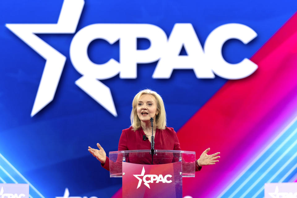 Former British Prime Minister Liz Truss speaks during the Conservative Political Action Conference, 2024 CPAC, at the National Harbor in Oxon Hill, Md., Thursday, Feb. 22, 2024. (AP Photo/Jose Luis Magana)