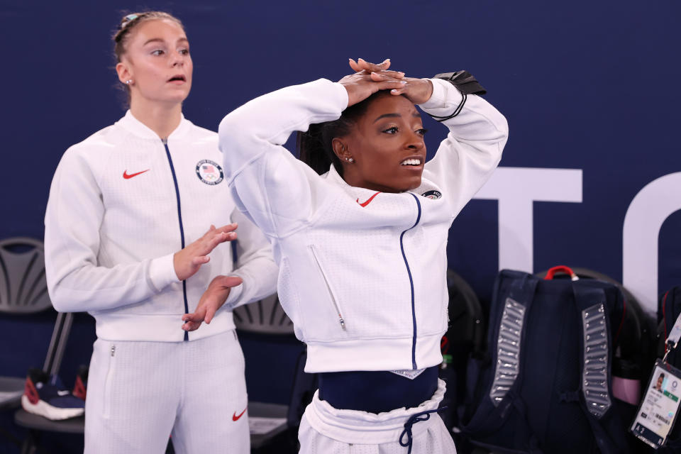 TOKYO, JAPAN - JULY 27: Simone Biles of Team United States reacts during the Women's Team Final on day four of the Tokyo 2020 Olympic Games at Ariake Gymnastics Centre on July 27, 2021 in Tokyo, Japan. (Photo by Laurence Griffiths/Getty Images)