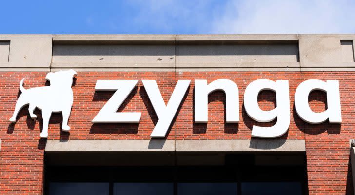 A Zynga (ZNGA) sign hangs above the company headquarters in San Francisco, California.