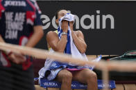 Aryna Sabalenka, of Belarus, reacts during her Italian Open tennis tournament final match agains Iga Swiatek, of Poland, at Rome's Foro Italico, Saturday, May 18, 2024. (AP Photo/Alessandra Tarantino)