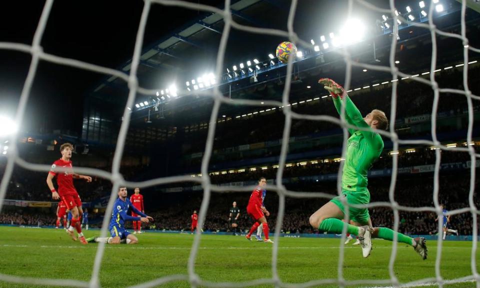 Caoimhín Kelleher saves a shot from Christian Pulisic during the second half at Stamford Bridge.