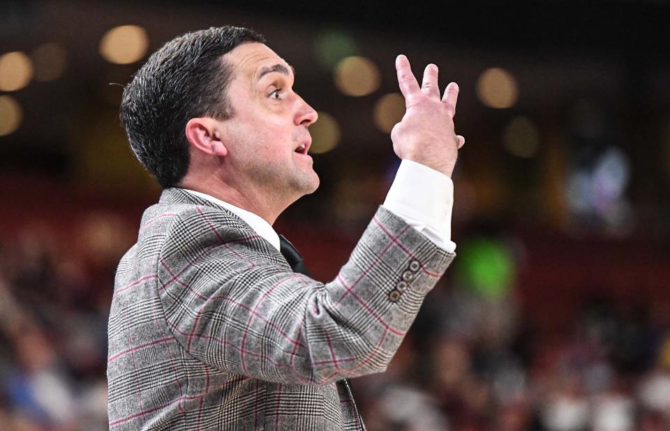 Mississippi State Coach Sam Purcell during the first quarter of the SEC Women's Basketball Tournament at Bon Secours Wellness Arena in Greenville, S.C. Thursday, March 2, 2023. 