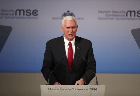 U.S. Vice President Mike Pence delivers his speech during the 53rd Munich Security Conference in Munich, Germany, February 18, 2017. REUTERS/Michael Dalder