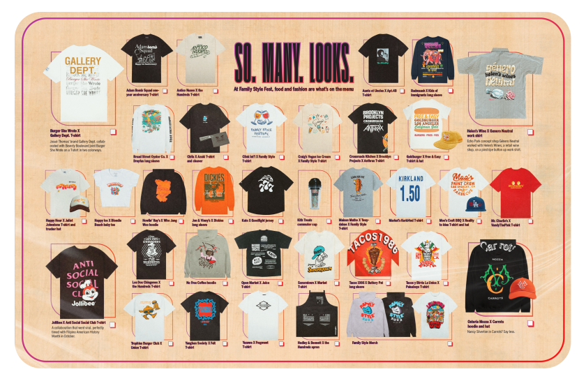 Family Style Fest lookbook in the style of a menu featuring many different merch items lined up in 5 rows