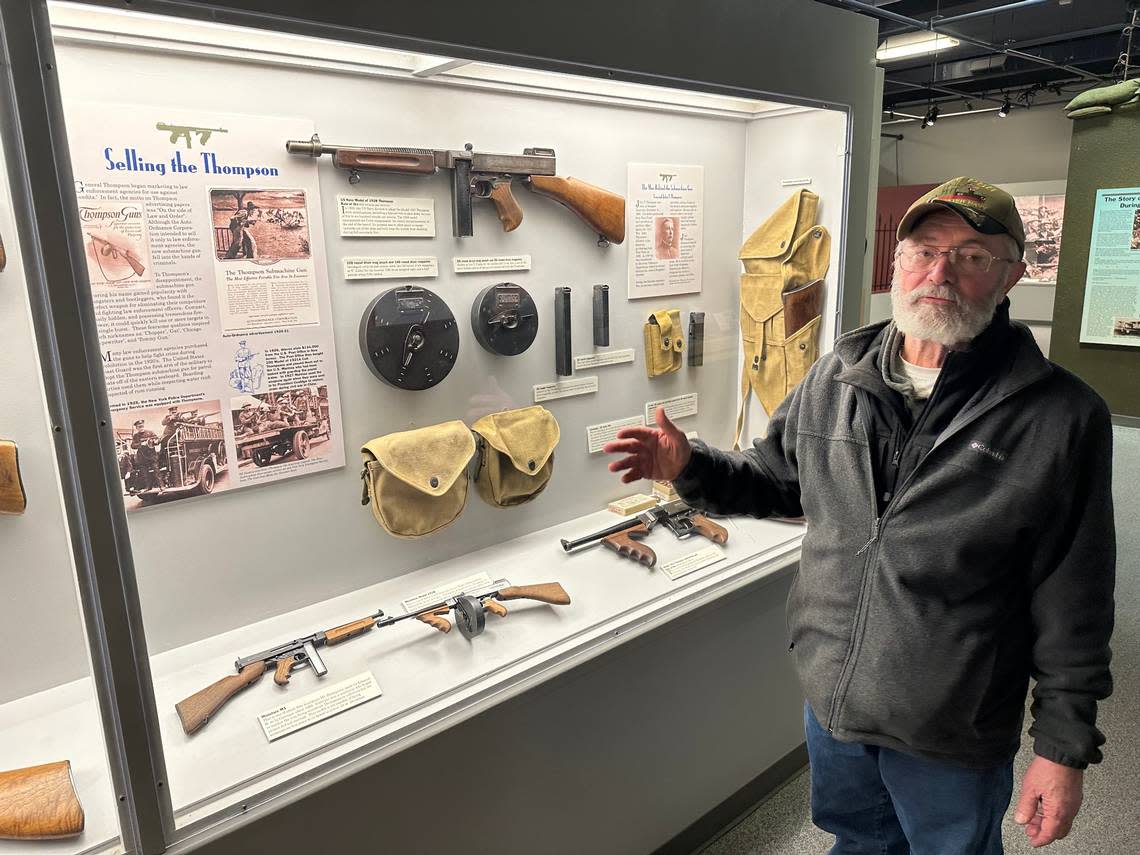 Former Idaho State Museum director Ken Swanson explains some of the Thompson submachine guns, or “Tommy guns,” on display at the J. Curtis Earl Weapons Exhibit at the Old Idaho Penitentiary in Boise.