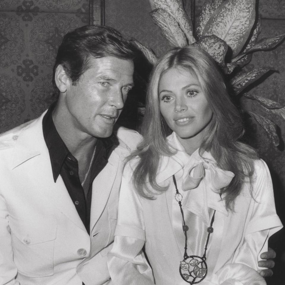 Roger Moore and Britt Ekland pictured off-set in 1974 - Credit: Rex Features 