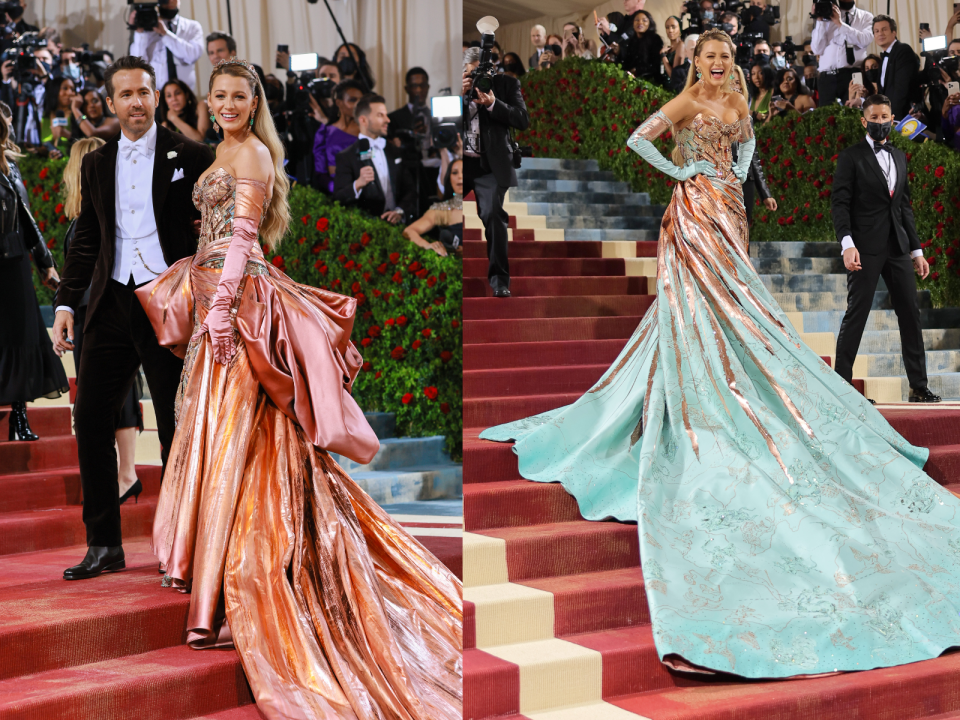 Blake Lively (pictured on the left with husband and fellow 2022 Met Gala co-chair Ryan Reynolds) stunned on the red carpet with a quick-change.