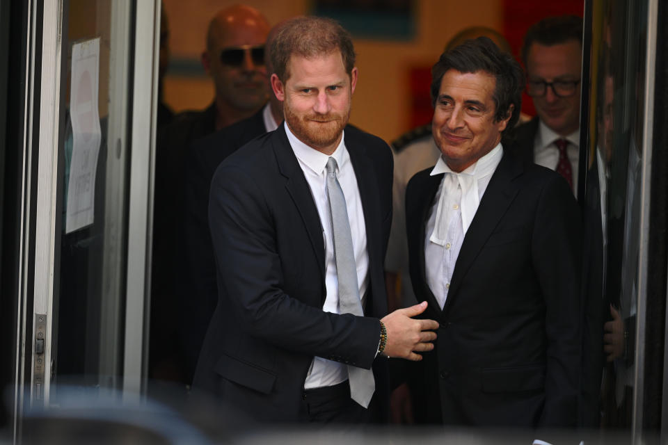 LONDON, ENGLAND - JUNE 07: Prince Harry, Duke of Sussex (L), and barrister David Sherborne (R) leave after giving evidence at the Mirror Group Phone hacking trial at the Rolls Building at High Court on June 7, 2023 in London, England. Prince Harry is one of several claimants in a lawsuit against Mirror Group Newspapers related to allegations of unlawful information gathering in previous decades. (Photo by Leon Neal/Getty Images)