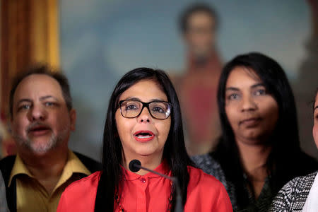 Delcy Rodriguez, President of the National Constituent Assembly speaks to the media after a meeting of the Truth Commission in Caracas, August 19, 2017. REUTERS/Marco Bello