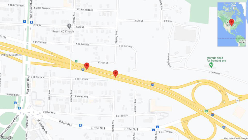 A detailed map that shows the affected road due to 'Broken down vehicle on eastbound I-70 in Kansas City' on December 27th at 11:15 p.m.