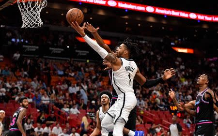 Nov 20, 2018; Miami, FL, USA; Brooklyn Nets guard D'Angelo Russell (1) shoots the ball against the Miami Heat during the second half at American Airlines Arena. Mandatory Credit: Jasen Vinlove-USA TODAY Sports