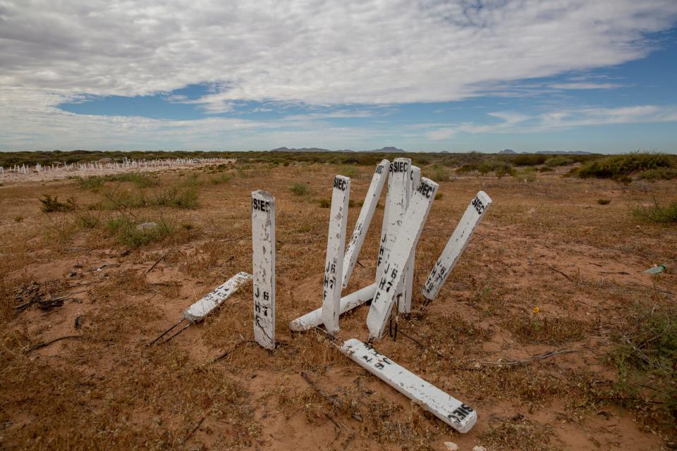 Estacas en una fosa común en el cementerio municipal San Rafael, en Ciudad Juárez. El cementerio ha añadido una segunda parcela de terreno para fosas comunes. La fosa común original se encuentra al sur de estos marcadores en el panteón.