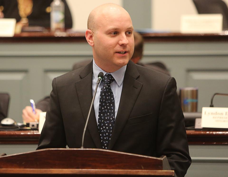 Brian Frazee, CEO of the Delaware Healthcare Association, speaks during the public comment period of House Substitute 1 for House Bill 350 at Legislative Hall in Dover on Wednesday, March 27, 2024.