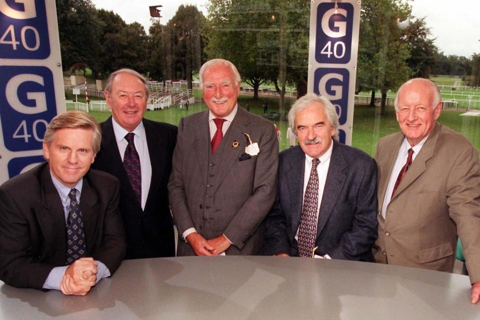 Grandstand presenters (left - right) Steve Ryder, David Coleman, Peter Dimmock, Des Lynam and Frank Bough during a celebration transmission to mark the 40th anniversary of the sports programme (PA)