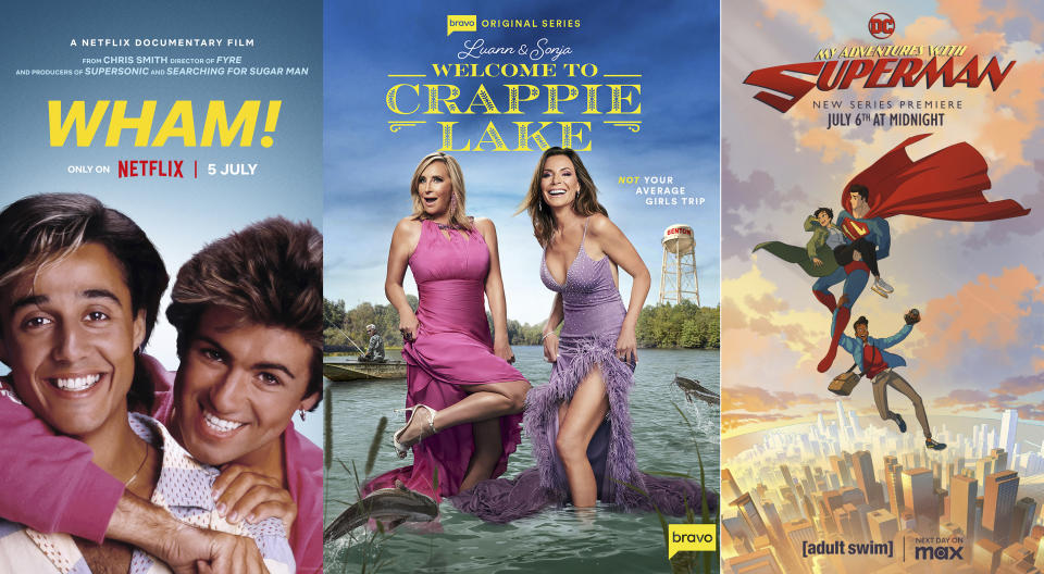 This combination of images shows "Wham!," a documentary premiering July 5 on Netflix, left, the Bravo series “Luann and Sonja: Welcome to Crappie Lake," premiering July 9, and the animated series "My Adventures with Superman,” premiering at midnight on July 6 on Adult Swim, and the next day on Max. (Netflix/Adult Swim via AP)