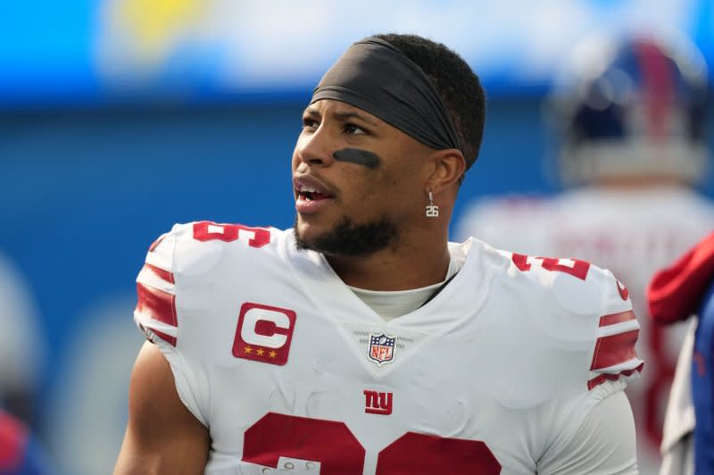 New York Giants running back Saquon Barkley appeared to sustain a right ankle injury during a 31-28 win over the Arizona Cardinals on Sunday in Glendale, Ariz. File Photo by Jon SooHoo/UPI