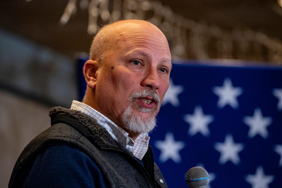 Rep. Chip Roy, R-Texas, speaks during a meet and greet event at VFW Post 788 in Cedar Rapids, Iowa on Tuesday, Dec. 19, 2023. Florida Gov. Ron DeSantis and Roy spoke to community members and held a question and answer session.