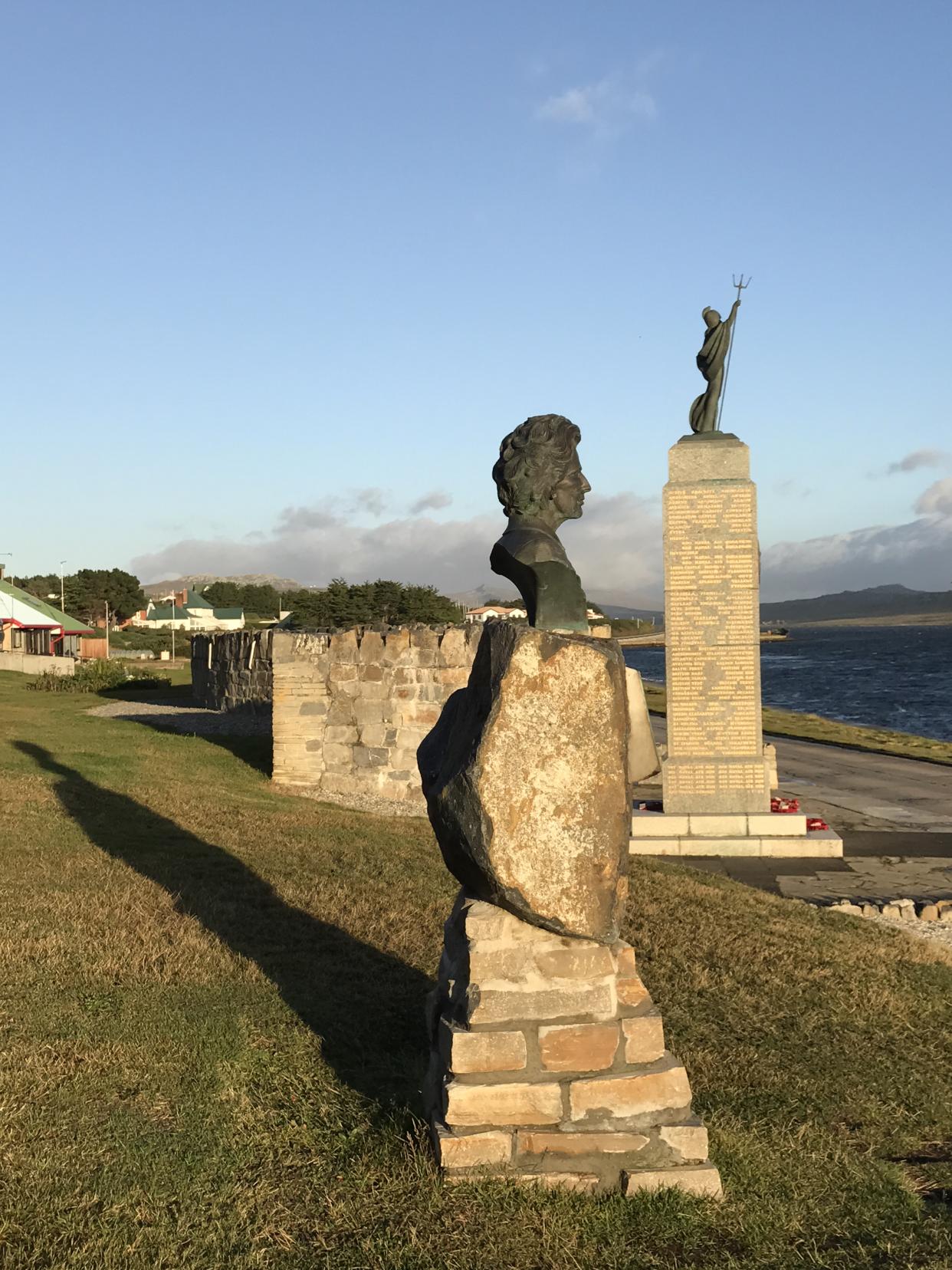 A bust of Margaret Thatcher and the 1982 Liberation Monument in Stanley (Falklands Island Government/PA)