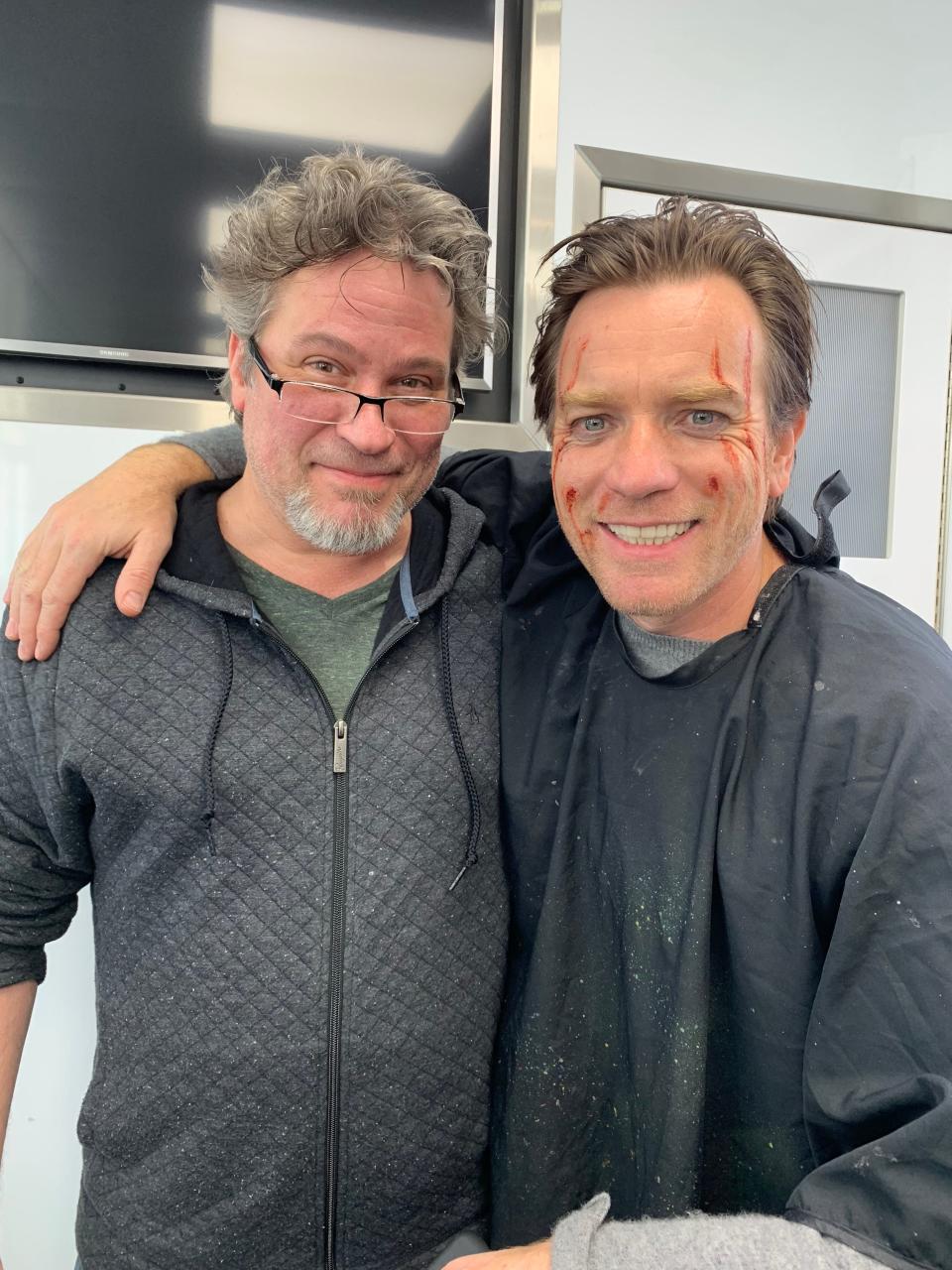 Dave Snyder with Ewan McGregor in McGregor's scratched makeup from his role in "Birds of Prey."