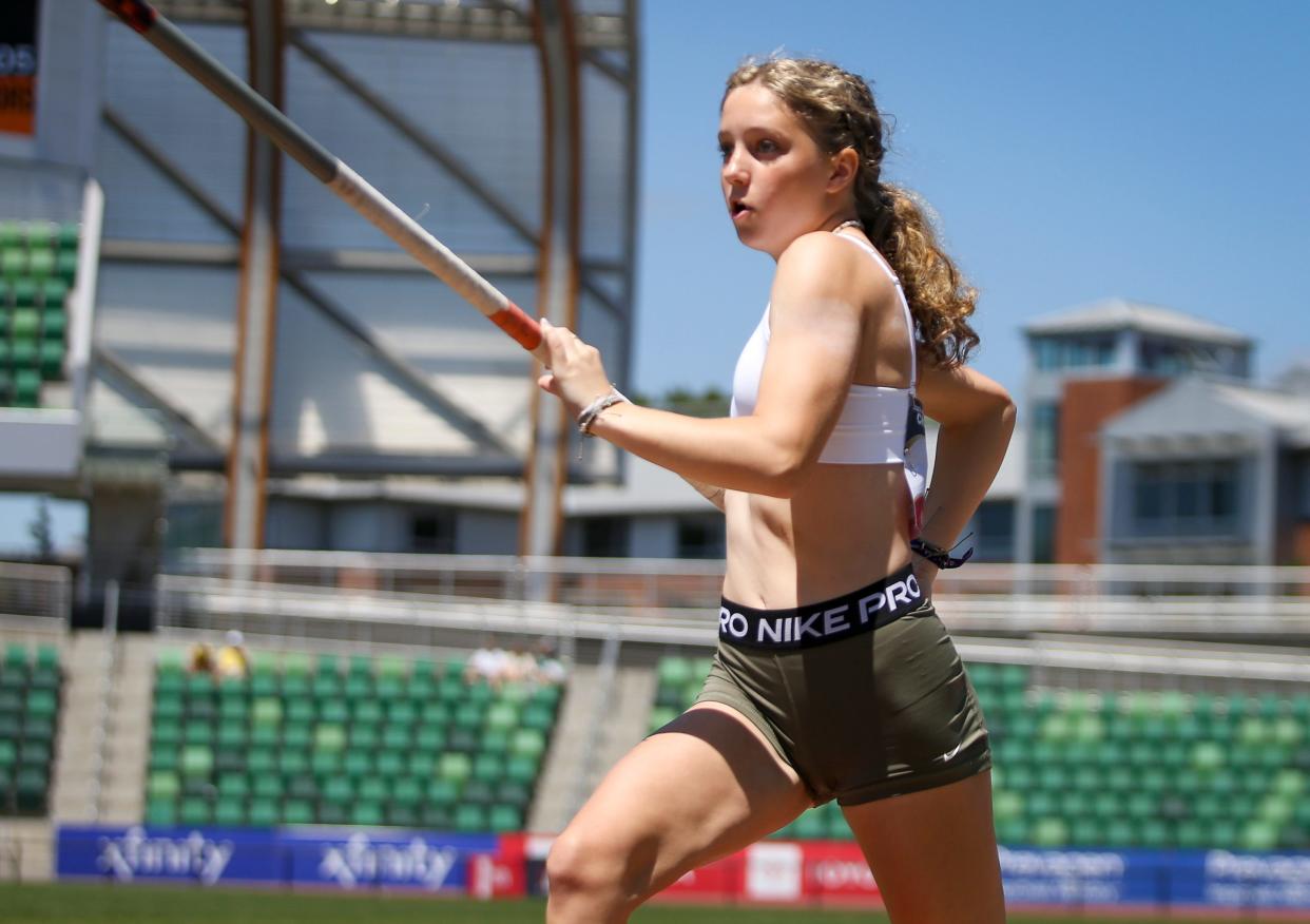 Addison Kleinke, lines up in the U20 women’s pole vault on day three of the USA Outdoor Track and Field Championships at Hayward Field in Eugene in July 2023.