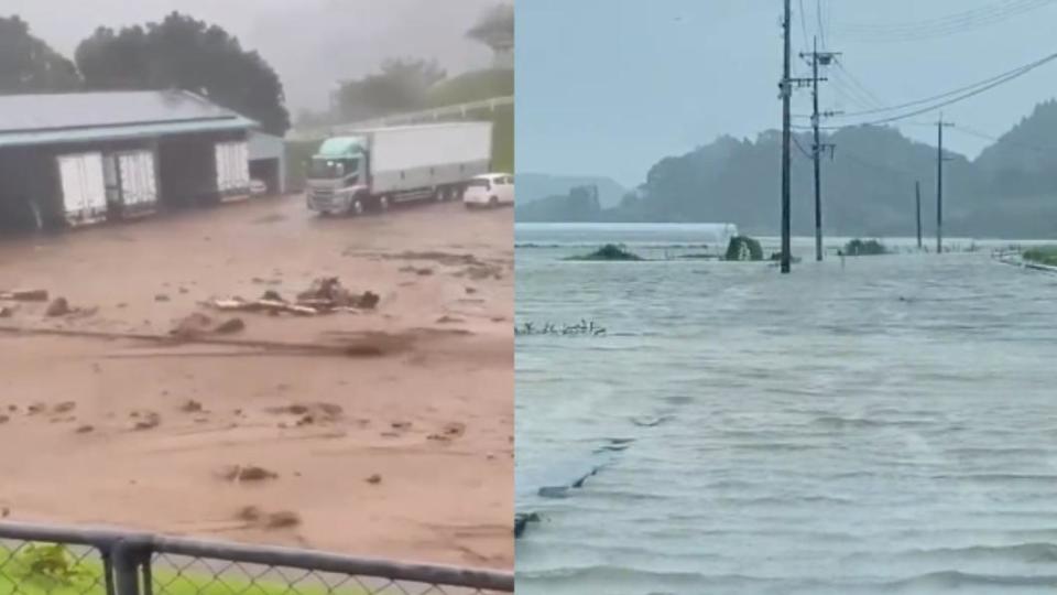 颱風挾帶豪雨，屋久島河川氾濫。（圖／翻攝自推特@swallows2310、moorii1187）