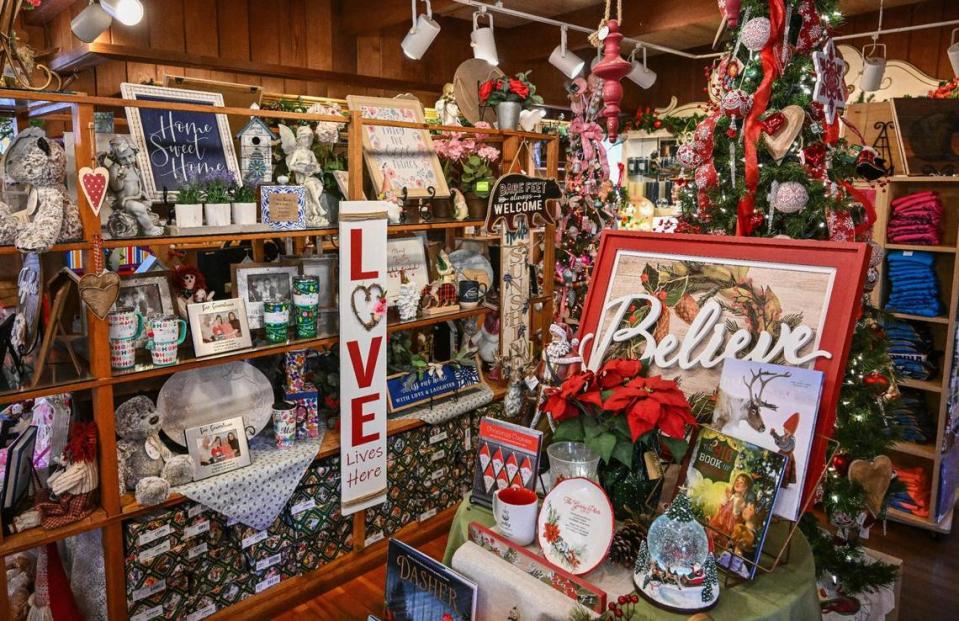 Gifts of mostly holiday-related items are displayed at Reimer’s Candies & Gifts in Three Rivers as Christmas approaches on Wednesday, Dec. 13, 2023.