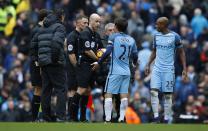 Britain Football Soccer - Manchester City v Chelsea - Premier League - Etihad Stadium - 3/12/16 Manchester City's David Silva talks to referee Anthony Taylor during half time Reuters / Phil Noble Livepic EDITORIAL USE ONLY. No use with unauthorized audio, video, data, fixture lists, club/league logos or "live" services. Online in-match use limited to 45 images, no video emulation. No use in betting, games or single club/league/player publications. Please contact your account representative for further details.