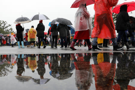 Los Angels public school teachers continue to deal with the rainy weather as their strike enters its third day in Gardena, California, U.S., January 16, 2019. REUTERS/Mike Blake