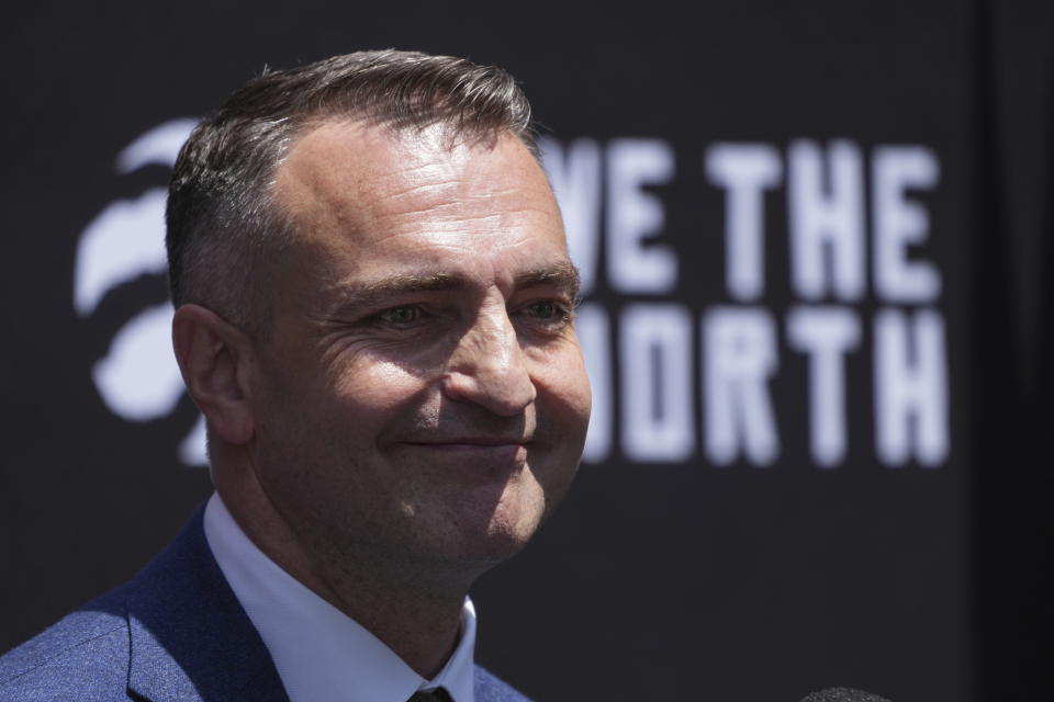 Toronto Raptors NBA basketball team new head coach Darko Rajakovic attends a media availability in Toronto on Tuesday, June 13, 2023. (Chris Young/The Canadian Press via AP)