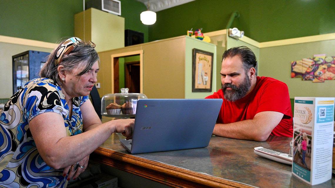 Deb Niedermeyer and her son Charles Frankenstein look over a new menu design at Frankie’s restaurant in Lincoln. Looking to escape the climbing cost of living in Whitehall, Montana, Frankenstein and his wife, Priscilla, moved to Lincoln earlier this year and opened the downtown restaurant.