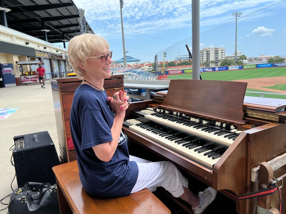 Nancy Faust, the Hall of Fame organization who worked 41 years for the Chicago White Sox and became a baseball institution, tries out the organ she will play Saturday at Blue Wahoos Stadium during her first-ever visit to Pensacola