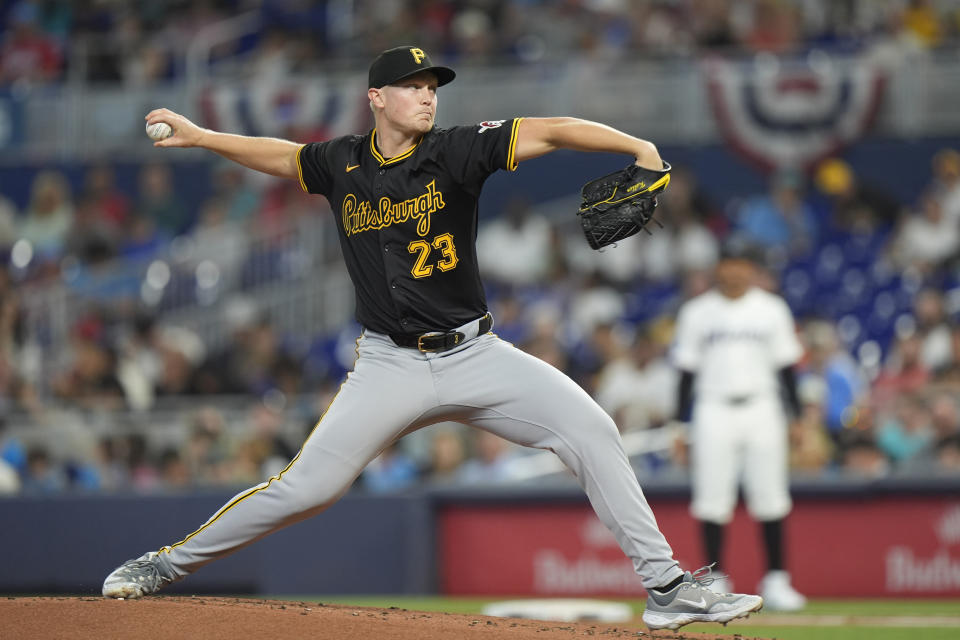 Pittsburgh Pirates' Mitch Keller delivers a pitch during the first inning of a baseball game against the Miami Marlins, Thursday, March 28, 2024, in Miami. (AP Photo/Wilfredo Lee)