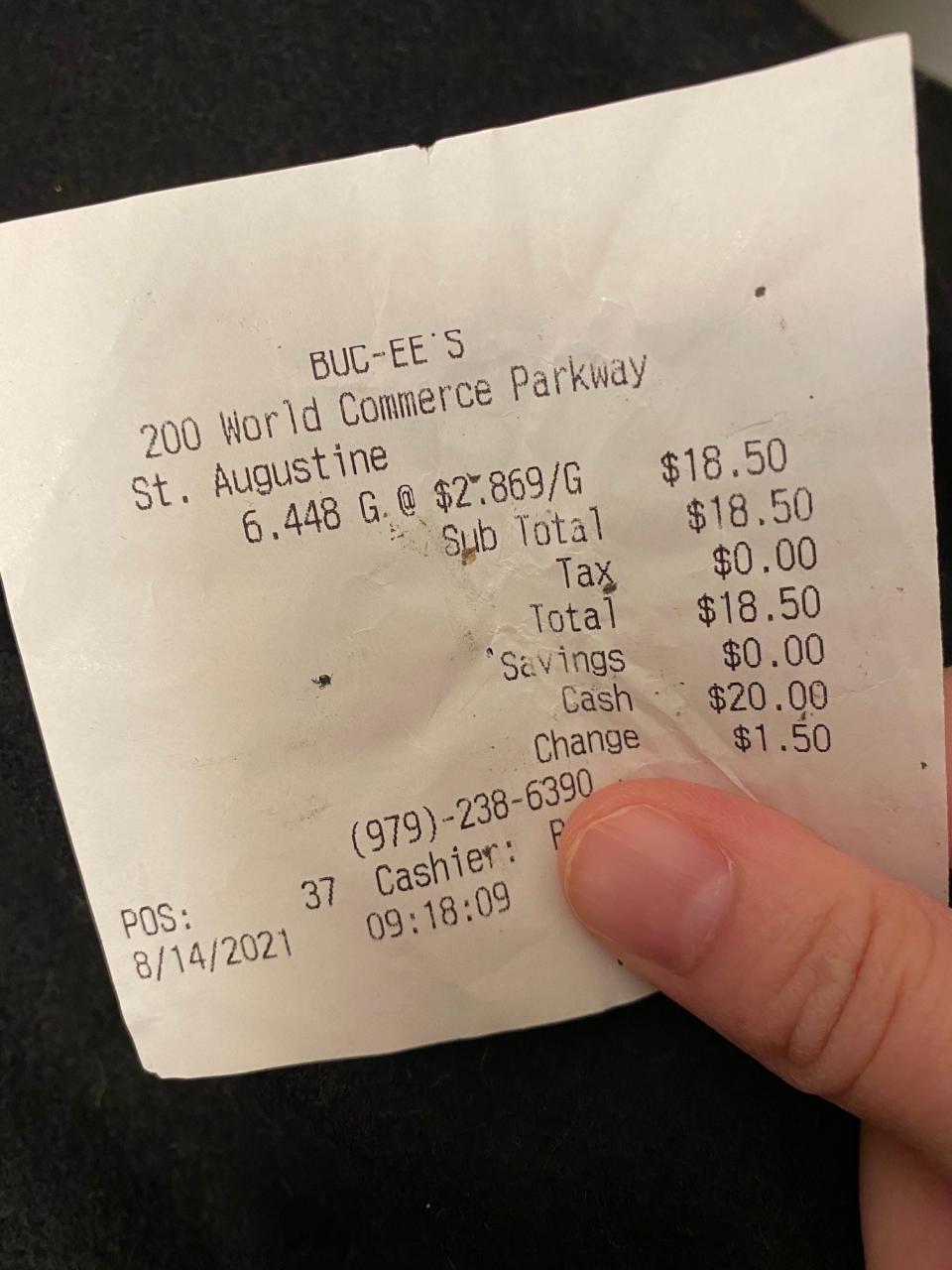 A gas receipt from Buc-ee's in Florida.