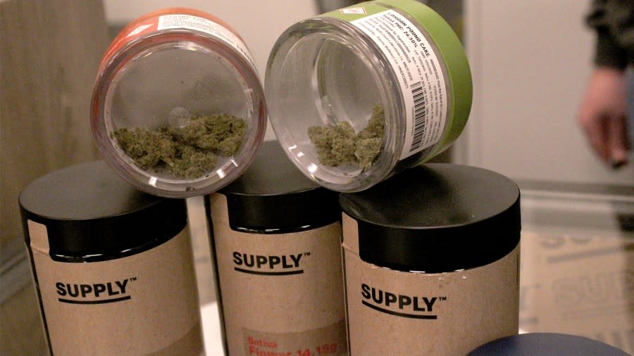 Cannabis flower products sit on a counter at Sunnyside Medical Marijuana Dispensary in Chillicothe, Ohio. (NBC4 Photo/Mark Feuerborn)