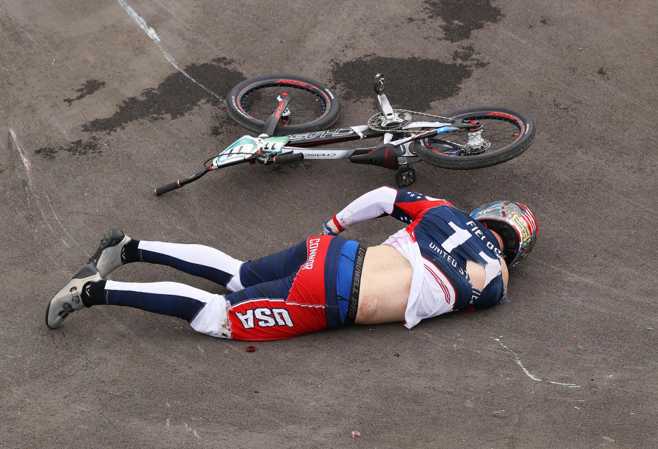 Connor Fields is urging proper perspective on Twitter after his BMX crash at the Tokyo Olympics. (Photo by Francois Nel/Getty Images)