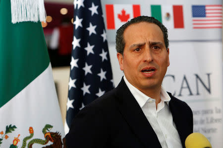 FILE PHOTO: Moises Kalach, head of the international negotiating arm of Mexico's CCE business lobby, which is coordinating the private sector's role in the NAFTA renegotiation, talks to reporters during a break in the fifth round of NAFTA talks involving the United States, Mexico and Canada, in Mexico City, Mexico, November 20, 2017. REUTERS/Ginnette Riquelme/File Photo