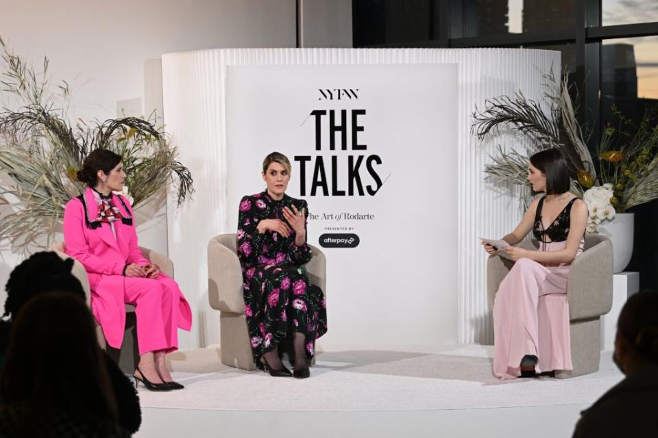 From left, Laura and Kate Mulleavy of Rodarte in conversation with actress Maude Apatow on the opening night of NYFW at Spring Studios Friday, Feb. 11. - Credit: Courtesy of NYFW The Shows/Getty Images/Bryan Bedder