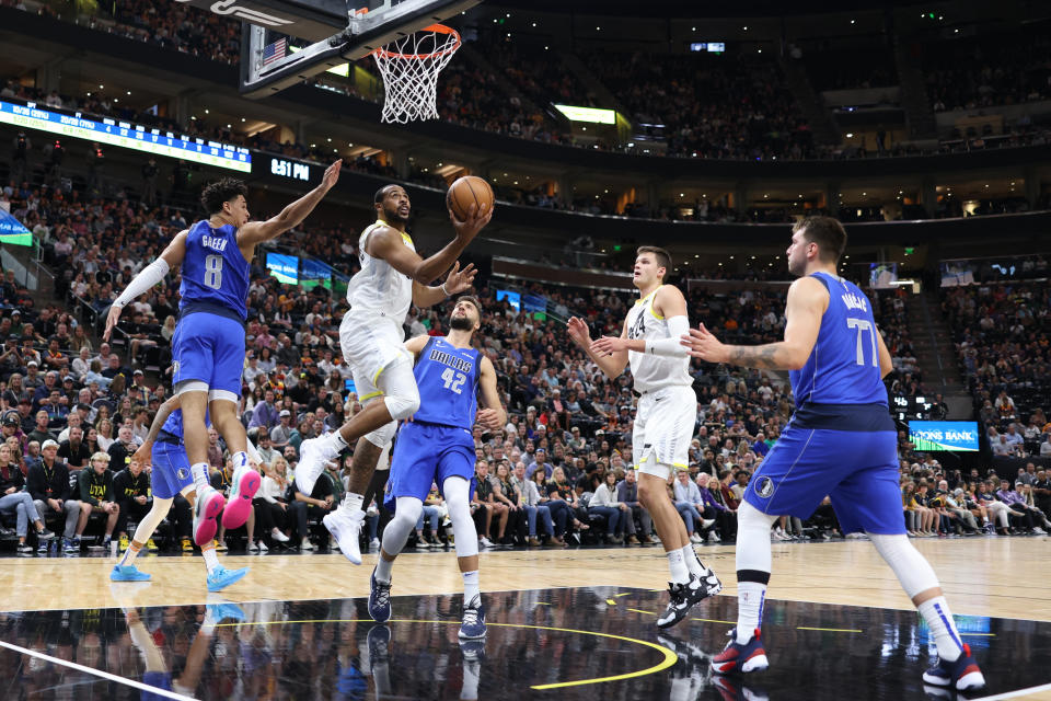 Talen Horton-Tucker（上籃者）轉戰猶他爵士。（Rob Gray-USA TODAY Sports）