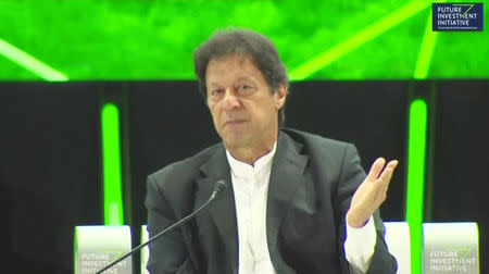 Pakistan's Prime Minister, Imran Khan speaks during a news conference at Saudi investment summit in Riyadh, Saudi Arabia October 23, 2018 in this still image taken from a video. Saudi TV/Reuters TV/via REUTERS