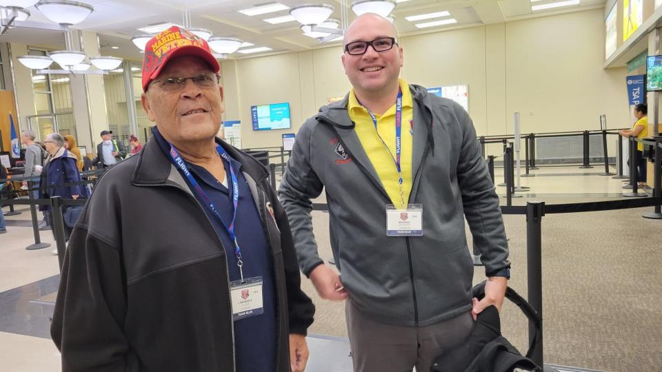 Vietnam veteran Lonnie Lawrence arrives at the Asheville Airport on Oct. 1 for the Blue Ridge Honor Flight along with his guardian, Michael Goldsmith.