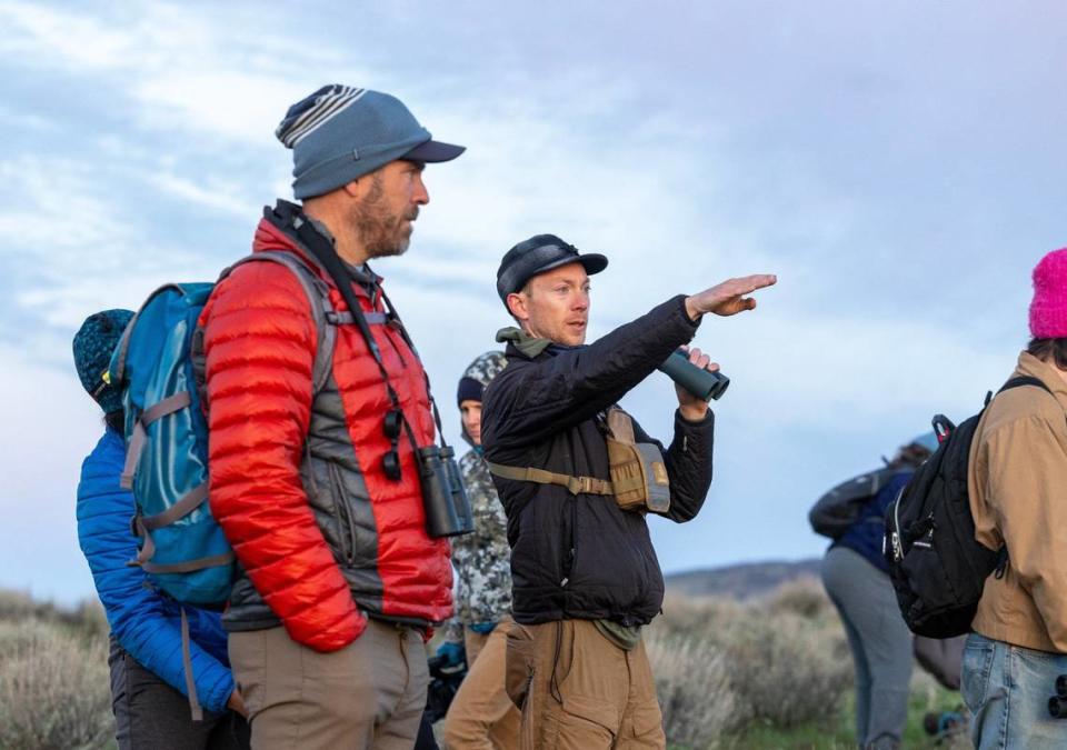 Skyler Vold points out a sage grouse lek in the Owyhee Canyonlands. “It’s our job to protect these habitats for these native species,” Vold said. “We have kind of messed up this ecosystem, and it’s our job to do our best to manage it to where it was historically.”