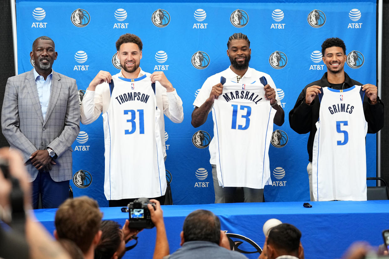 DALLAS TX - JULY 9: The Dallas Mavericks introduce Klay Thompson #31 , Quentin Grimes #5 and Naji Marshall #13 during a press conference on July 9, 2024 at American Airlines Arena in Dallas Texas. NOTE TO USER: User expressly acknowledges and agrees that, by downloading and or using this photograph, user is consenting to the terms and conditions of the Getty Images License Agreement. Mandatory Copyright Notice: Copyright 2024 NBAE (Photos by Glenn James/NBAE via Getty Images)