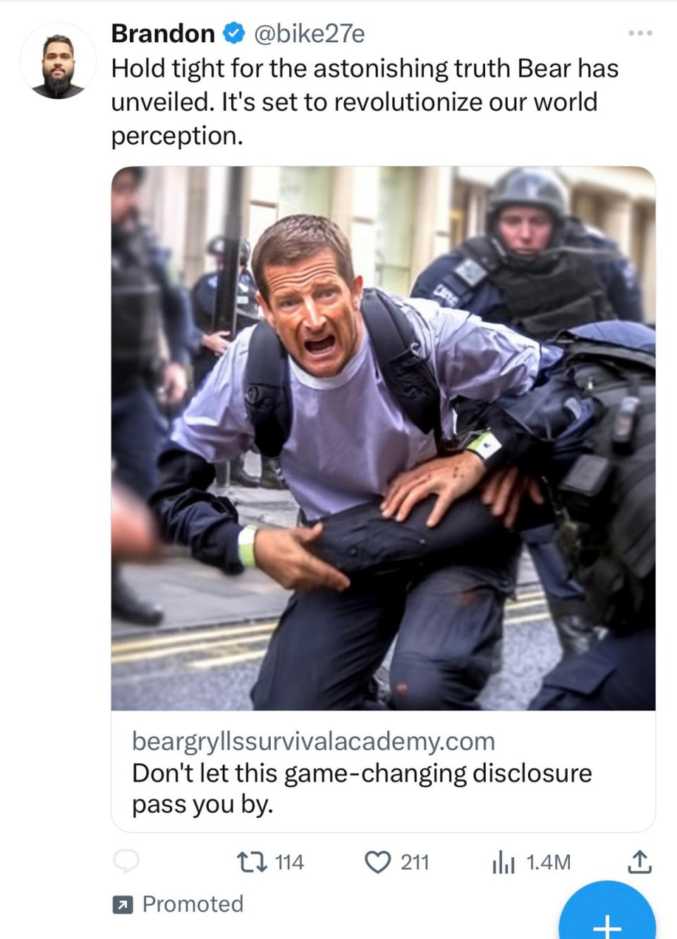 A fake AI-generated promoted ad post on Twitter shows someone who looks like Bear Grylls being arrested (Screenshot)