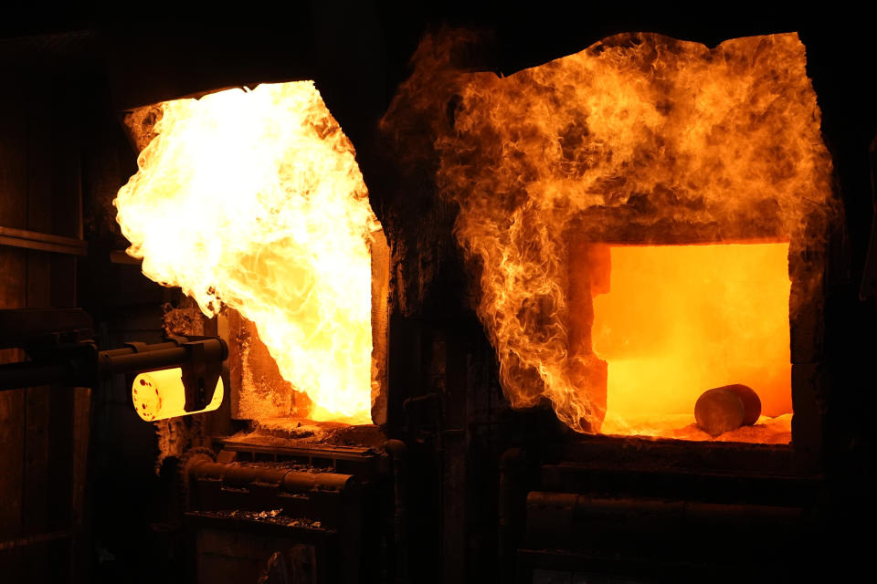 155 mm M795 artillery projectiles are manufactured at the Scranton Army Ammunition Plant, Tuesday, Aug. 27, 2024, in Scranton, Pa. (AP Photo/Matt Slocum)